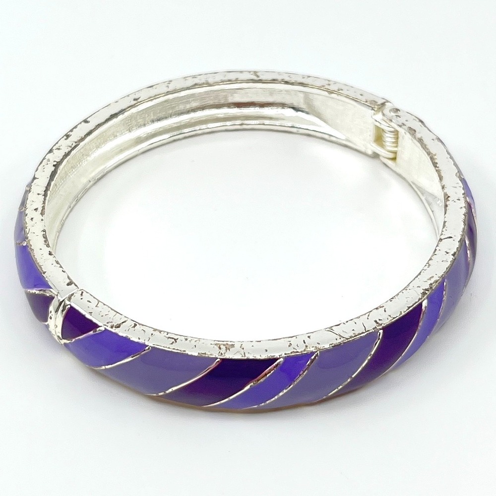 Vintage Retro Purple Enamel Silver Tone Bangle Bracelet Striped Hinged Cuffs